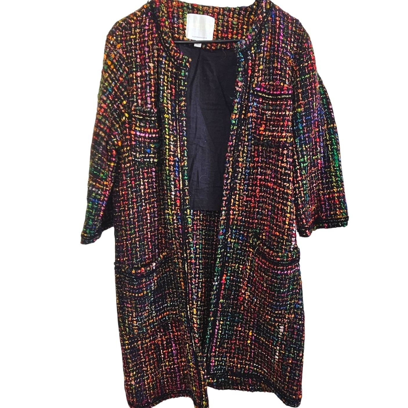 Anthropologie Ett Twa Rainbow Confetti Tweed Open Frontduster Jacket Large Black